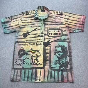 VTG Bob Marley Buffalo Soldier Button Up Short Sleeve Allover Print Distressed